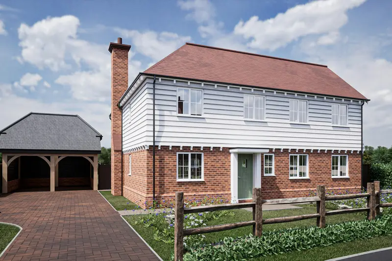 Brick house with a block paved driveway, path and front garden (illustrative rendering)