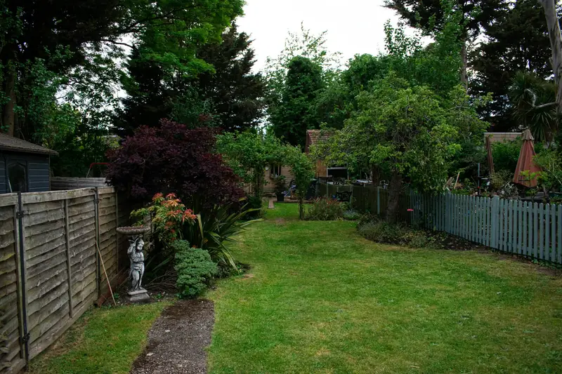 English back garden with lawn, path and timber fencing