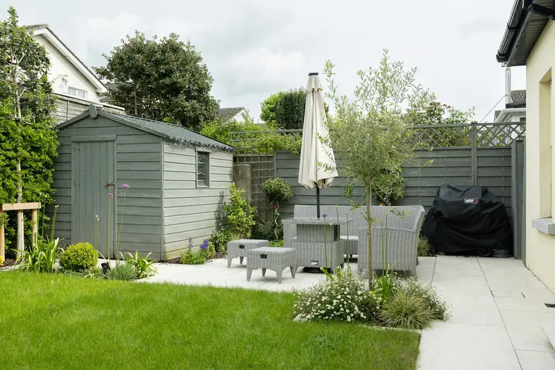 Back garden patio, lawn and shed